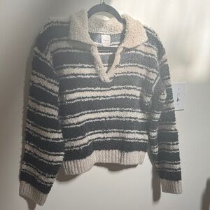 Maeve Dark Gray and Cream Striped V-Neck Sweater